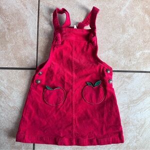 Kids Red Corduroy Overall Dress with Apple Design Pockets